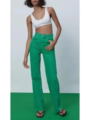 Zara Jeans Size 0 Green High‎ Rise Wide Leg Raw Hem Baggy Colored Denim Earthy thumbnail 10