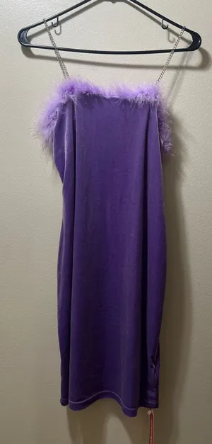 NWT Romwe Purple Feather Trim Velvet Dress thumbnail 1