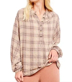 Free People North Bound Pullover Beige Plaid Women's Small thumbnail 1