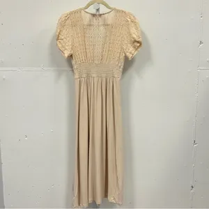 Betsey Johnson Mosaic Lace Puff-Sleeve Midi Dress Crochet Back Cream Sm JL408532 thumbnail 5