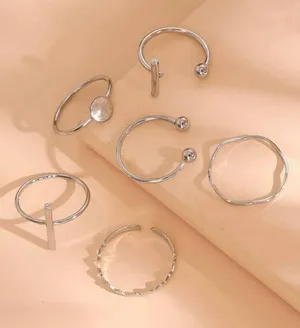 6 pc rings set, pretty bar ring, ball ring, adjustable, wave Silver thumbnail 3
