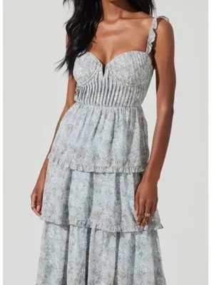 Astr Floral Tiered Maxi Dress in Light Gray and White thumbnail 13