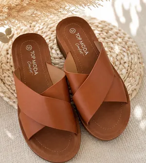 TOP Moda Tan Cross-Strap Slide Sandals thumbnail 1
