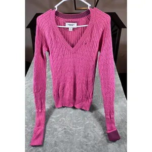 Y2K American Eagle V Neck Fitted Cable Knit Pink Sweater Bella Womens Medium thumbnail 9