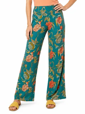 O’Neill Teal Floral Wide Leg Pants Smocked Waist Boho Resort Coastal Small Beach thumbnail 1