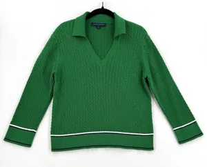 Tommy Hilfiger Women L Green Cable Knit Polo Sweater V Neck Preppy Quiet Luxury thumbnail 1