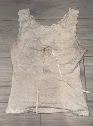 John Galt Brandy Melville Popcorn Crinkle Tank Top Cream Ruffle Ribbon One Size thumbnail 1