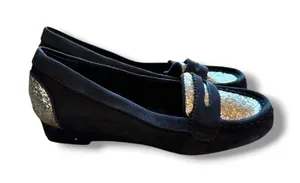 Joan Boyce Loafers Womens 8.5 Navy Suede Silver Glitter Penny Flats 191670 thumbnail 1