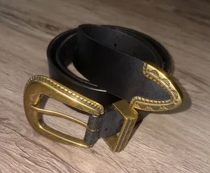 Lucky Brand Black Genuine Leather Belt with Distressed Western Gold Buckle thumbnail 1