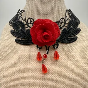 Whimsigoth Moody Witchy Victorian Goth Rose Lace Choker Necklace OS Black Red thumbnail 2