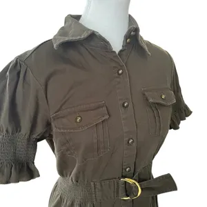 Rampage Women Olive Brown Utility Button Front Mini Dress Belted Puff‎ Sleeve L thumbnail 3
