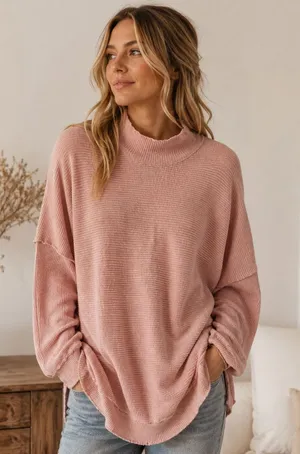 We The Free pink ribbed oversized mock-neck sweater Medium thumbnail 1