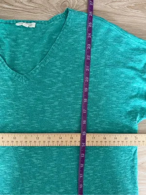 Eileen Fisher Large Linen Short Sleeve Tee Teal V Neck Beach Tropical Relaxed thumbnail 4
