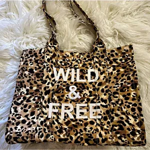 Leopard Animal Print "Wild & Free" Canvas Tote Bag w/ Inner Pockets 12in thumbnail 1
