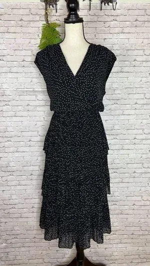 Warren Donner NY Black and White Polka Dot Tiered Midi Dress thumbnail 1