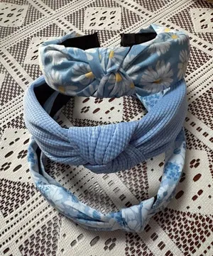 3PC Light Blue Knotted Headband Set - Daisies, Ribbed & Floral thumbnail 1