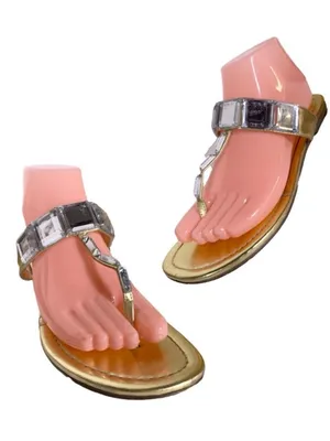 Express Gold Faux Leather With Clear Plastic Crystals Thong Sandals (8) thumbnail 1