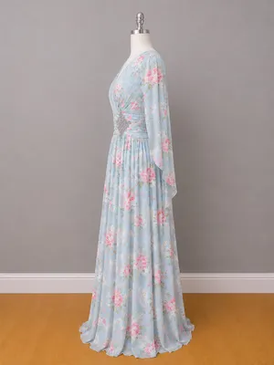 Boutique #3-15 Aqua floral  drape back dress. thumbnail 4