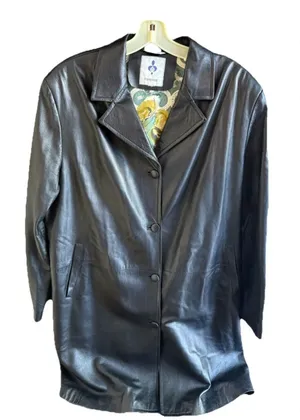 Firenze Leather Jacket Womens Long MADE IN‎ ITALY Coat Black Floral Lined L / XL thumbnail 1