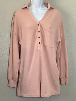 Pink Lagenlook Cottagecore Relaxed Loungewear Button Up Collar Playsuit Romper S thumbnail 1