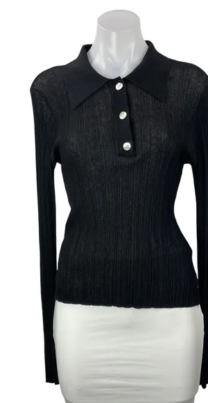 French Connection Women's Black Ribbed Knit Long Sleeve Henley Blouse Top Size L thumbnail 1