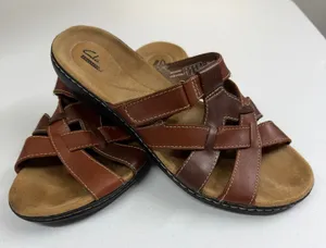Clarks Collection Brown Leather Strappy Slide Sandals hook and loop summer 9.5 thumbnail 1