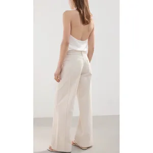 MNG Mango Women Beige Wide Leg Mid Waist Cotton Trousers with Tie Belt Size 10 thumbnail 2