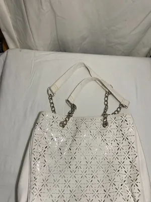 White Faux Leather Tote Bag Silver Floral Cutout Shoulder Purse Chain Handles thumbnail 2