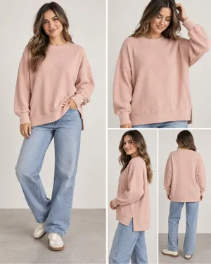 Aerie L Oversized Waffle Knit Crewneck Sweatshirt Blush Pink Side Slit Cozycore thumbnail 2
