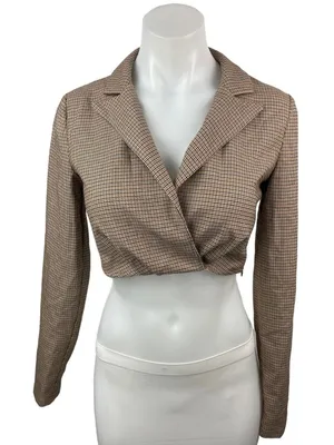 Zara Beige Houndstooth Collared Notch Lapel Long Sleeve Blazer Crop Top Size XS thumbnail 1