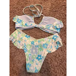 Aerie Real Good Floral Ruffle Halter Bikini Set‎ Blue Green M NWT thumbnail 2
