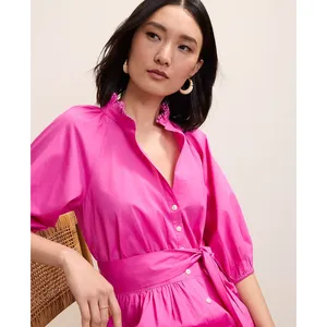 Ann Taylor Shirt Dress Womens 12 Pink Excellent Pom Ruffle Puff Sleeve Belted thumbnail 3