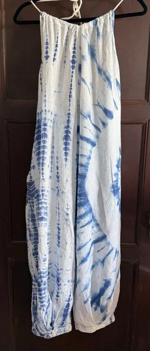 FREE PEOPLE Moody Blues Blue and White Tie Dye Balloon Leg Jumpsuit extra Small thumbnail 1
