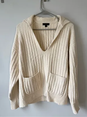 J. Crew Cozy Cream V-Neck Hooded Sweater with Pockets Ribbed Beige Cream Size M thumbnail 2