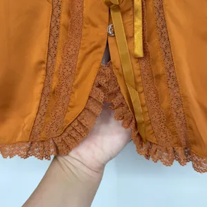 Women's L Rust Satin Lace Trim Tie Front Blouse Romantic Boho Coquette thumbnail 3