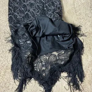 Flapper Gatsby Sequin Fringe Dress Womens XL Black Silver Paisley Glam thumbnail 3
