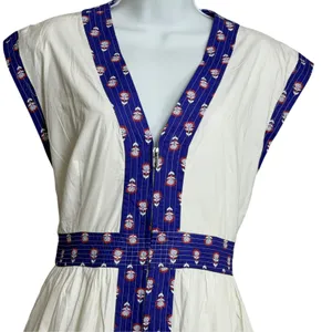 TCEC Womens White Blue Floral Block Print Trim V-Neck Zip Front Midi Dress L thumbnail 5