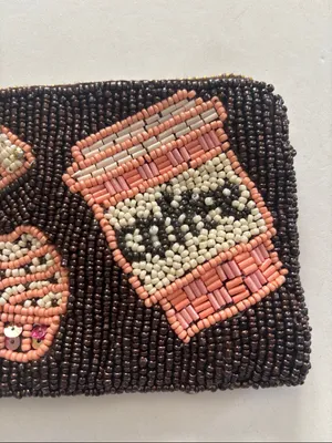 Source Unknown BROWN AND PINK BEADED MINI BAG OR COIN PURSE 5” X 4” HAS BEADED TASSEL ZIP PULL thumbnail 3