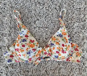 Amazon Light Beige Padded Colorful Floral Back-Tie Swim Top | Size Medium thumbnail 1