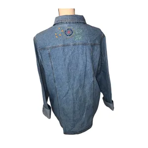 Vintage Embroidered Denim Shacket Shirt Jacket Beaded Floral Artwear Boho Size M thumbnail 2