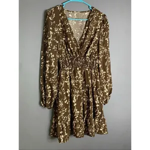 Hapsho Brown Floral Elastic Sleeve Dress Size Medium NWOT thumbnail 2