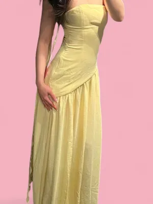 yellow strapless maxi dress with high side slit and dupatta neck scarf thumbnail 5