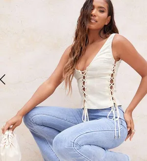 Pretty Little Thing Woven Lace Up Detail Plunge Sleeveless Top thumbnail 1