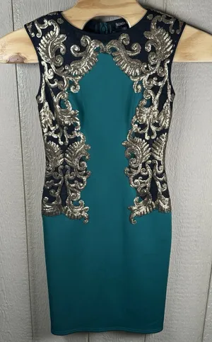 Tadashi Shoji Emerald Green Gold Sequin Neoprene Sheath Dress Small Sleeveless thumbnail 1