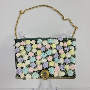 Andé Womens Clutch Bag Green Croc Embossed Pastel Floral Applique Gold Chain thumbnail 12