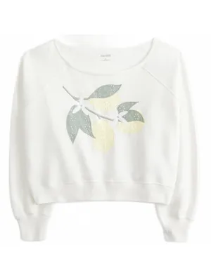 Hollister Wide Off-the-Shoulder Lemon Plant Graphic Crew Sweatshirt NWT Cream S thumbnail 3