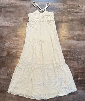American Eagle Cream Long Lined Dress Crochet Top Flowy Large Fairy Whimsy thumbnail 1