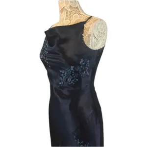 Y2K Alex Evenings navy beaded slip cowl neck floral satin formal Gown small thumbnail 6
