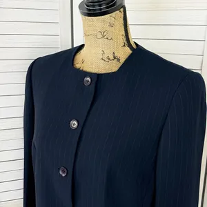 Dress Barn Pinstripe Long Line Blazer‎ Jacket Blue Tan 10 Suit Coat thumbnail 5