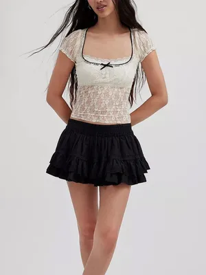 Women’s Sz Medium Short Sleeve Blouse White Lace Black Trim Bow Scoop Neck Sheer thumbnail 4
